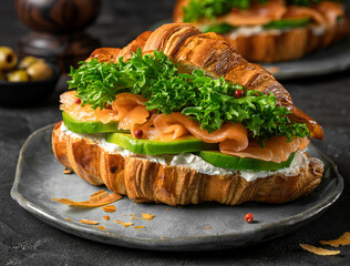 Croissant with Solomon and Avocado and Herbs