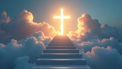 A stairway leads up to a glowing cross in the clouds