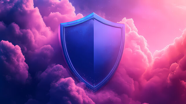 Blue shield in a dreamy, abstract setting with fluffy pink clouds and a vibrant purple background, symbolizing protection and security. Dreamscape Abstract. Illustration