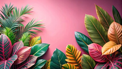 Fototapeta premium Colorful tropical leaves on a soft pink background with shallow depth of field