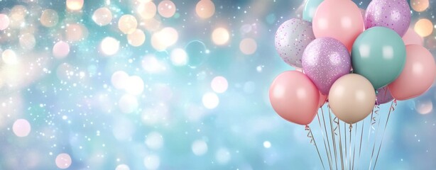Colorful balloons and confetti create a festive background for celebrations and events