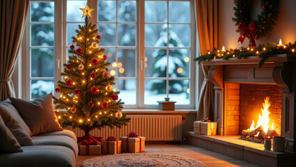 Obraz premium Decorated cozy room with fireplace and Christmas tree with gifts, snowy landscape outside the window. Creating a cozy and warm atmosphere for your family during the winter holidays.