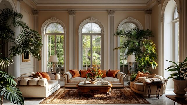 
10h Chic living room in classic style in light shades, everything looks very chic and expensive, lots of greenery and flowers, luxury