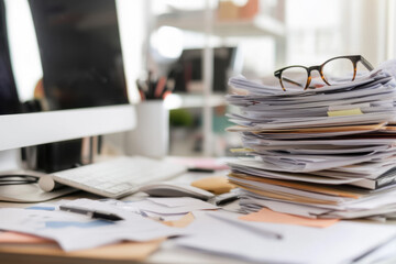 Pile of documents and stacks of paper, notebook on office desk. Messy, cluttered workplace table. Business paperwork, finance accounting, bills, taxes, invoices