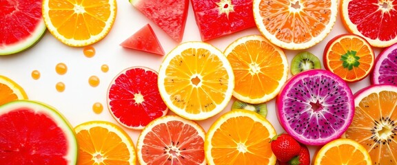 Fresh, juicy citrus fruits: orange, grapefruit, lemon, and lime slices, isolated on a white background