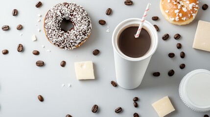 Enjoying coffee and donut treats with scattered chocolate and coffee beans on a table