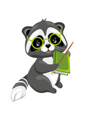 Cute smart raccoon with a book