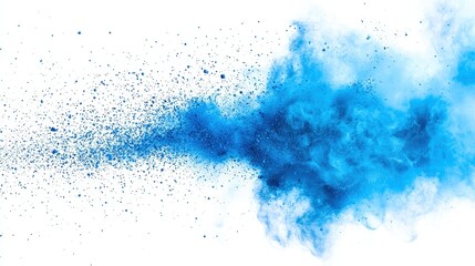 Abstract blue dust explosion on white background. Freeze motion of blue powder splash. Painted Holi in festival