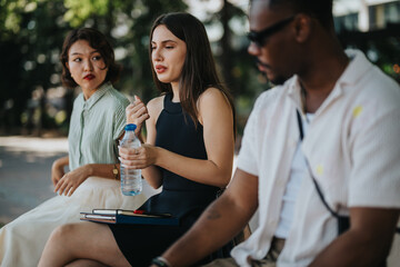 Multicultural businesspeople in outdoor meeting at the city. Mixed race people discussing business in outdoor meeting.