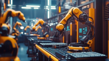Fototapeta premium A row of industrial robots in an automated factory setting working on an assembly line.