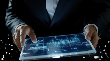 business, people and future technology concept - businessman in suit working with transparent tablet pc computer and charts on virtual screen over black background