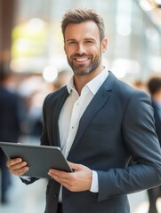 Fototapeta premium business, people, car sale and technology concept - happy smiling businessman in suit holding tablet pc computer over auto show or salon background