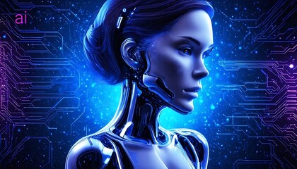 Female robot on a circuit board background.