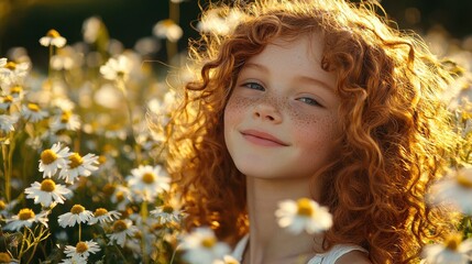 Fototapeta premium Beautiful young girl with curly red hair in chamomile field