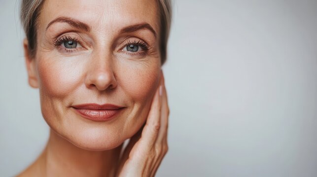 Beautiful gorgeous 50s mid-aged mature woman looking at camera isolated on white. Mature old lady close-up portrait. Healthy face skin care beauty, middle age skincare cosmetics, cosmetology concept