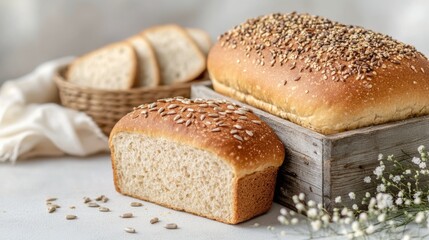 Freshly baked bread loaves on a wooden board surrounded by flowers in soft natural light