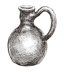 Hand drawn vintage clay jug with handle for drinks, vector sketch isolated on white
