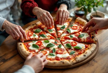 Friends sharing delicious pizza with tomatoes, mozzarella, and basil
