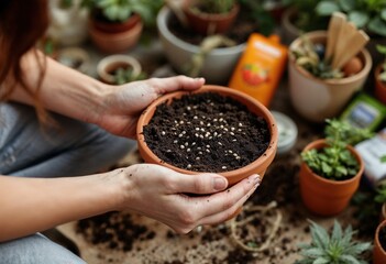 Gardener holding terracotta pot with soil and seeds for planting