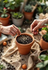 Gardeners sowing seeds in terracotta pot on burlap, planting and gardening