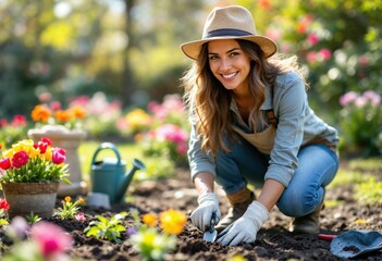 Happy gardener planting flowers in colorful garden during springtime
