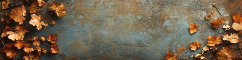 Fototapeta premium Autumn leaves framing a rustic textured background