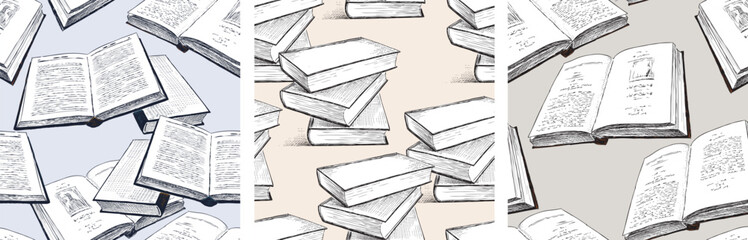 Seamless patterns of sketches old printed textbooks, hand drawn illustration, vector background, paper, wallpaper