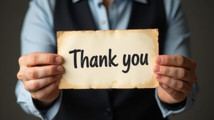 A man in a suit holds an old, tattered piece of paper with the words Thank you written in handwriting.