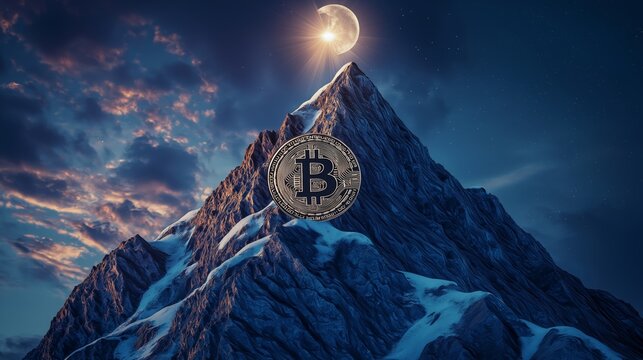 Bitcoin Symbol Positioned on a Majestic Snowy Mountain Under a Glowing Moon and Starry Sky, Representing Cryptocurrency's Journey to Achieve an All-Time Price High