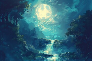 Obraz premium Moonlit waterfall in enchanted forest
