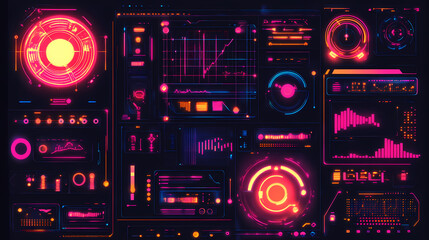 Obraz premium Neon glowing futuristic shapes and interfaces. Vintage Futuristic. Illustration