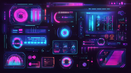 Obraz premium Neon glowing futuristic shapes and interfaces. Vintage Futuristic. Illustration