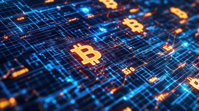 Cryptocurrency blockchain network background. Bright glowing symbols. Futuristic big data information. Graphic concept for your design