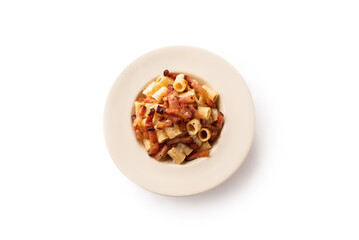 Maccheroni alla gricia, ricetta tradizionale di pasta della cucina romana, cibo italiano 