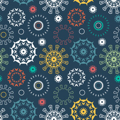 Seamless pattern with chaotically placed multi-colored decorative elements on a dark blue background. Vector illustration