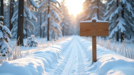 A frosty winter trail is marked by a wooden sign with a blank text, stuck into the snow.