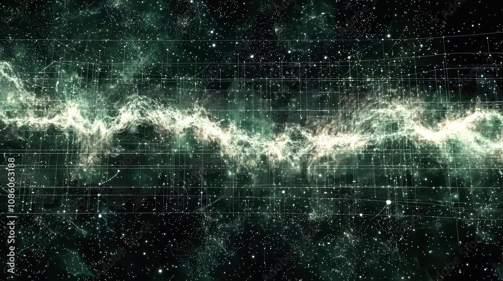 Wall mural digital data pattern, abstract network wave in cyber space, ai tech dark background. concept of tech