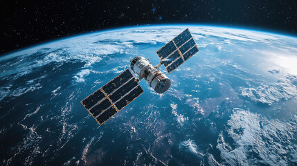 Orbiting satellite with solar panels flying in space on background of Earth planet and stars. Concept of weather, globe, climate change, science