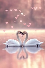 Fototapeta premium Two swans gracefully facing each other on a tranquil lake at sunset with shimmering reflections