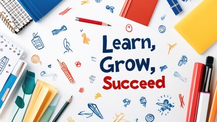 Inspiring workspace with creative doodles and vibrant office supplies with educational icons