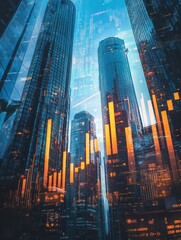 Forex trade market and development concept with growing digital candlestick and indicators on sunny skyscrapers background. Double exposure