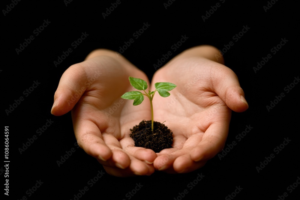 Poster two hands hold a delicate seedling rooted in dark soil, symbolizing care for the environment and the
