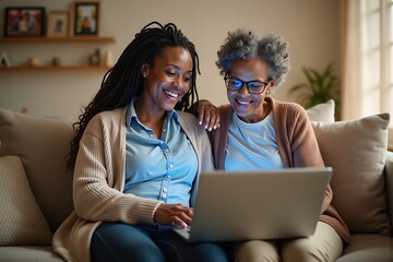 African American woman helping her elderly mother with laptop