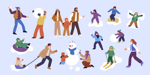 Outdoor family winter games. People making snowman and playing snowballs. Ice skating. Skiing and snowboarding. Happy parents with children. Wintertime activities. Garish vector set