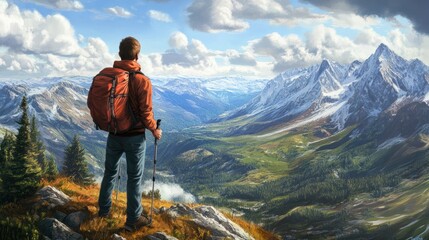 Guy hiking in mountains with rucksack. He standing with focus on back on peak and observing scenery downhill