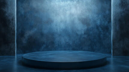 "3D rendering of a minimalist design featuring empty space or a podium, set against an abstract blue geometric shape background. Ideal for showcasing products or artistic displays in a clean, modern e