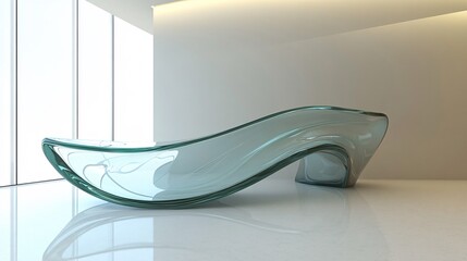 A glass podium with elegant curves, set in a corporate setting