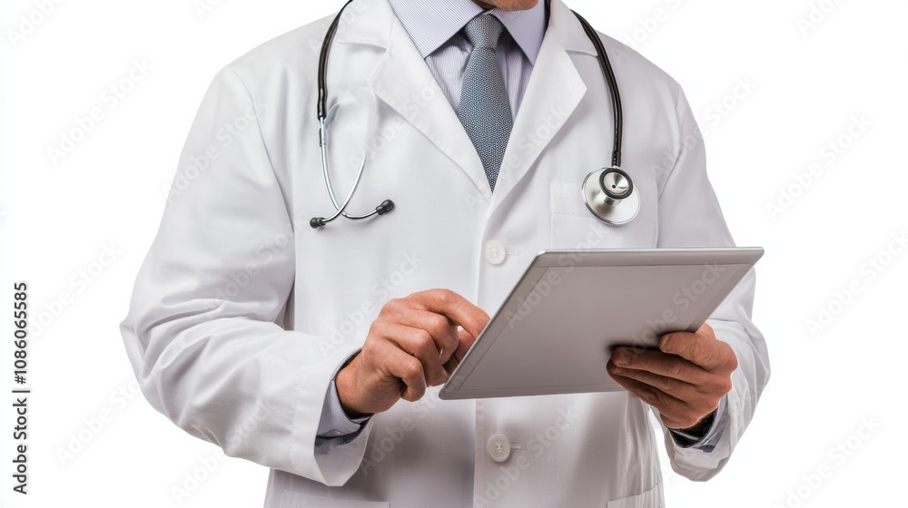 Aufkleber a doctor wearing a white coat examines patient data on a tablet while standing in a clinical setting