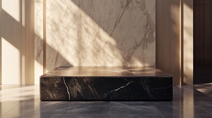 A podium made of polished marble with sleek lines, set in a luxury hotel