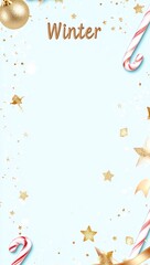 Naklejka premium A vertical background for an Instagram story with golden Christmas decorations, such as stars and candy canes, on the left side of the frame. The central area is blank to be filled by text or images